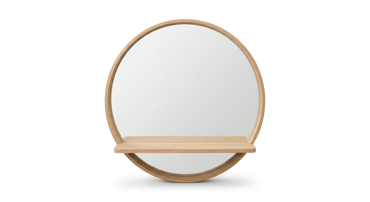 Scandinavian round mirror with shelf