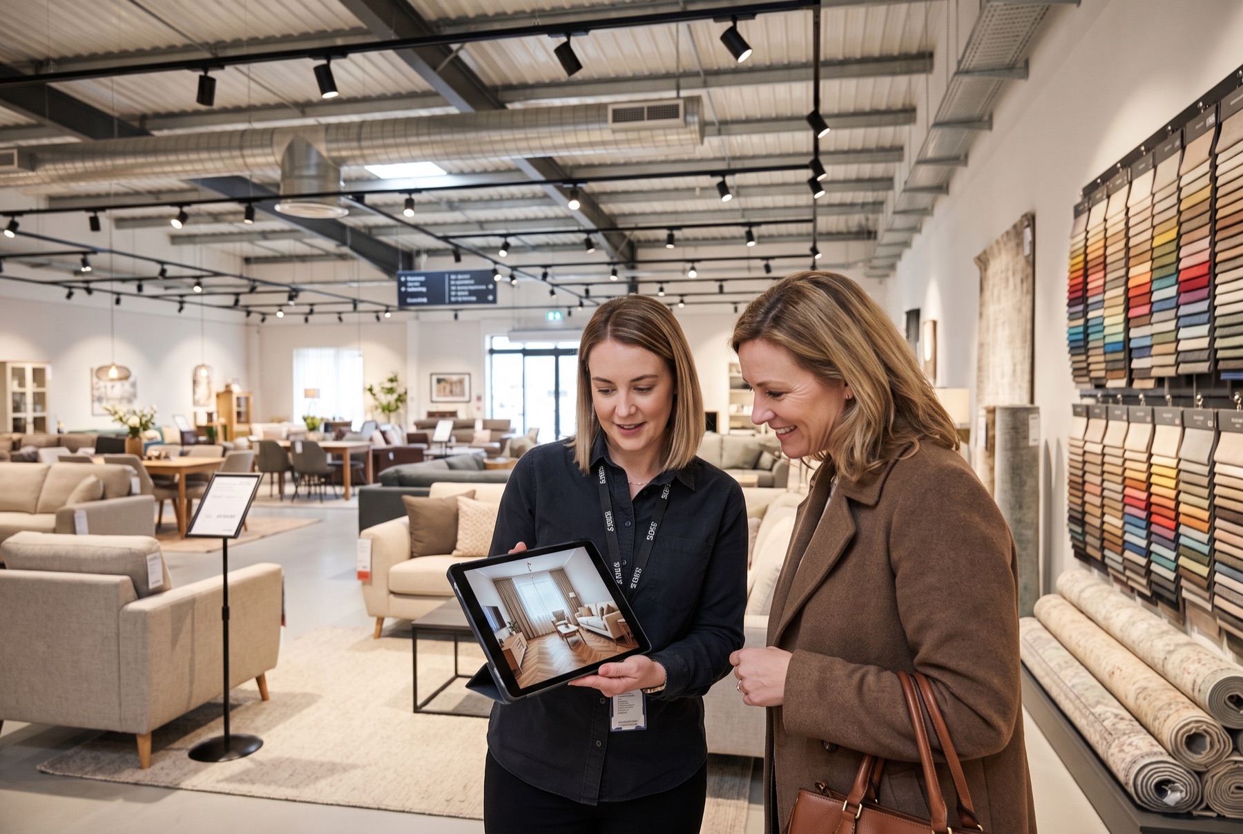 Een verkoopster in een meubelshowroom laat een klant een tablet zien met de kamer van de klant erop.