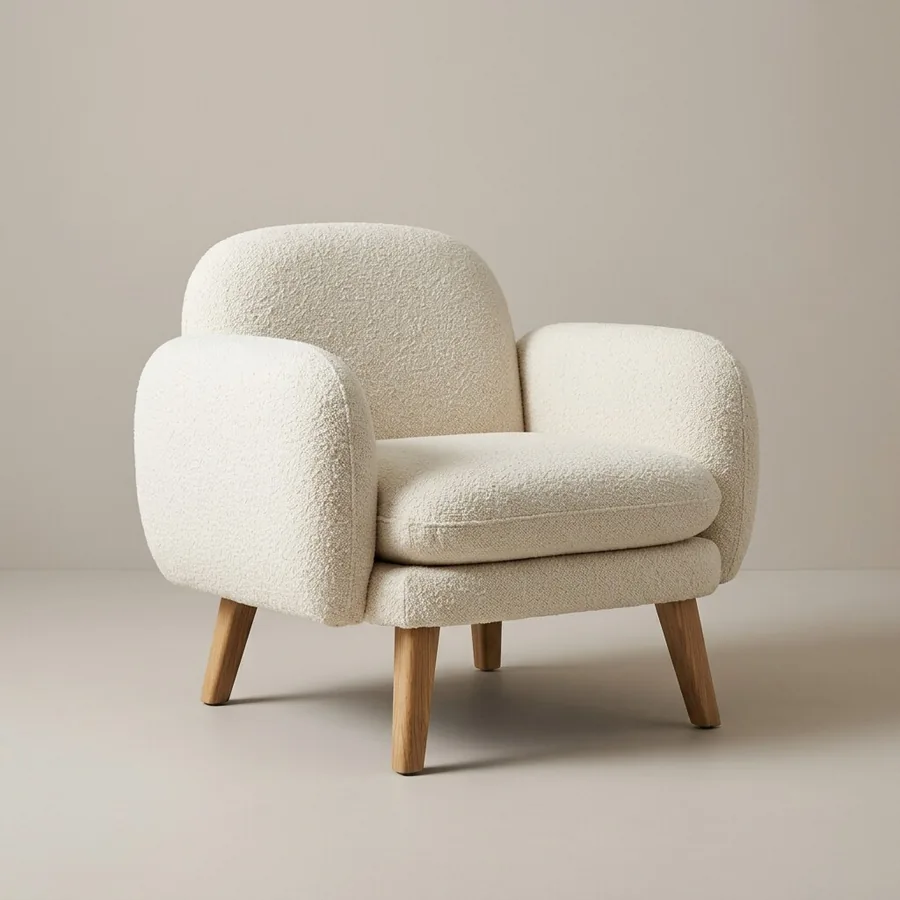 Productfoto van de Halden bouclé fauteuil: een crèmekleurige fauteuil met eikenhouten poten op een neutrale achtergrond.