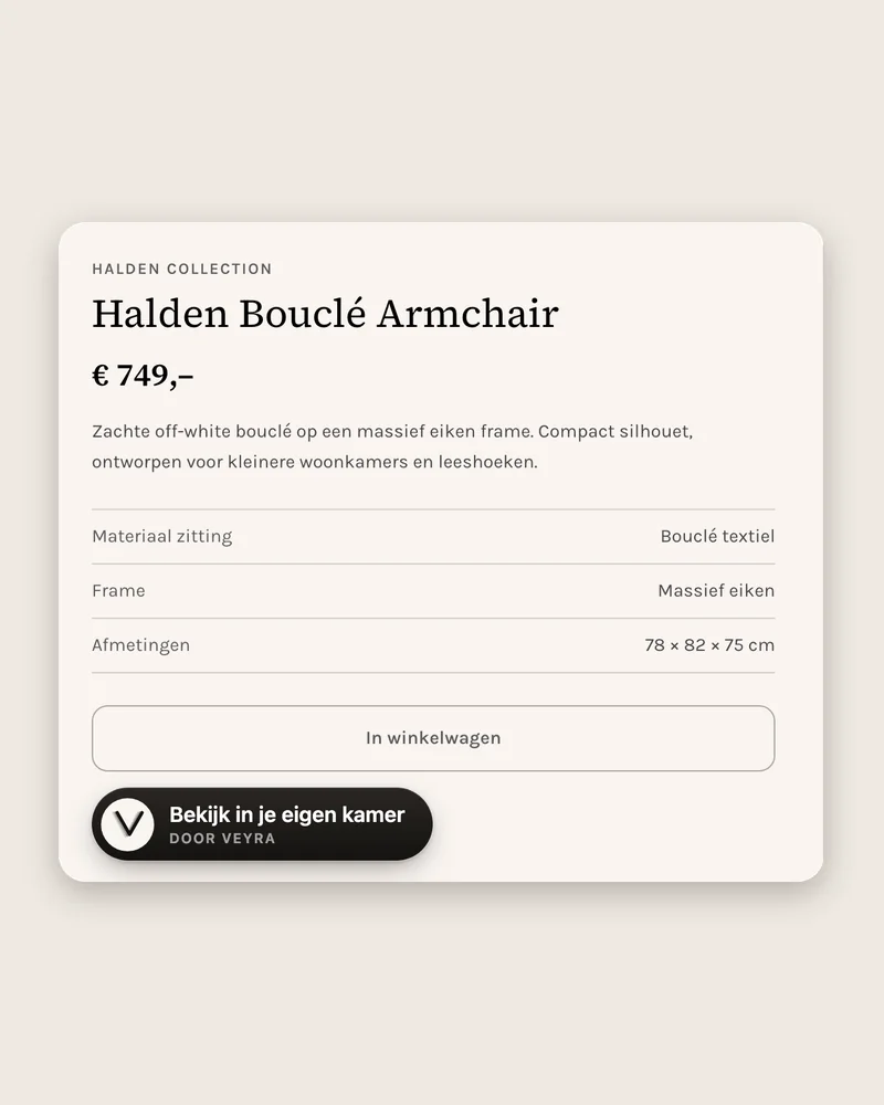 Productpagina van een voorbeeldwebshop met de fauteuil, de prijs, de knop In winkelwagen en daaronder de knop Bekijk in je eigen kamer.