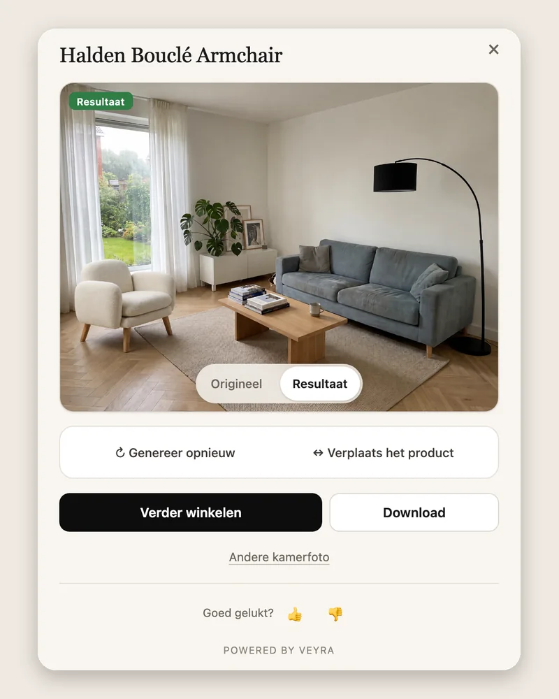 Venster van de widget met het nieuwe beeld, de fauteuil nu links op de voorgrond, en de knoppen Verder winkelen en Download.